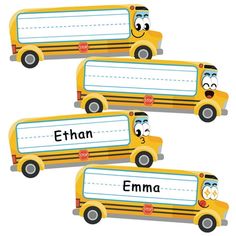 three yellow school buses with faces drawn on them