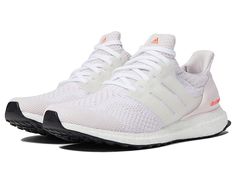 adidas Running Ultraboost 5.0 - Women's Shoes : Almost Pink/White/Turbo : Give your best performance when you train with adidas Running Ultraboost 5.0. Textile and synthetic upper. Textile lining and insole. Removable insole. Sock-like fit. Fitcounter heel counter. Lace closure. Pull tab. Brand tag at the tongue. Synthetic sole. Imported. Measurements: Weight: 10 oz Product measurements were taken using size 8.5, width B - Medium. Please note that measurements may vary by size. Weight of footwea Cute Athletic Shoes, Adidas Shoes Ultra Boost, Rush Shoes, Adidas Ultra Boost Women, Cute Tennis Shoes, Preppy Sneakers, Ultra Boosts, Cute Running Shoes, Adidas Running Shoes Women