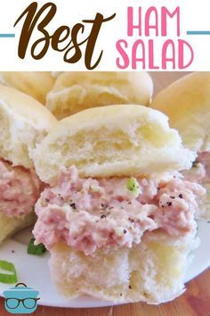 ham salad sandwich on a plate with text overlay