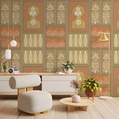 a living room scene with focus on the wallpaper