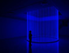 a person standing in front of a blue wall with vertical blinds on it's sides