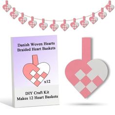 a card with hearts hanging from it next to a heart shaped bunting banner and box