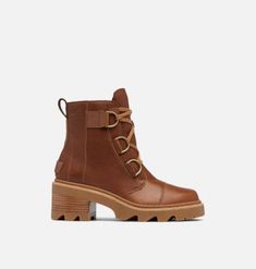 a women's brown ankle high boot with laces on the side and heel