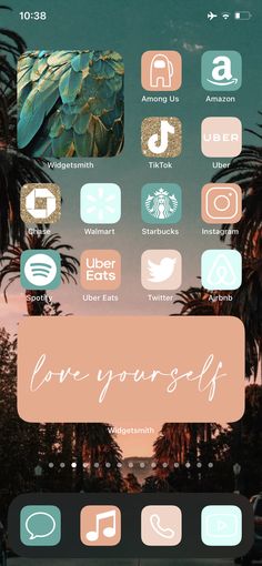 an iphone screen with the text love yourself on it and palm trees in the background