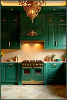 a kitchen with green cabinets and an ornate chandelier hanging from the ceiling over the stove