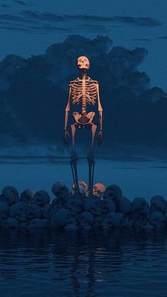 a skeleton is standing on rocks in the water at night with its head turned to the side