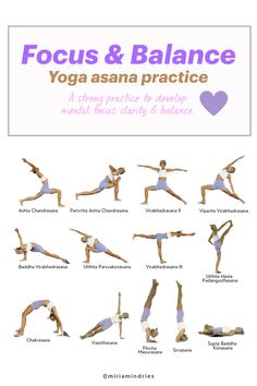 yoga poses for beginners with the words focus and balance in front of each image