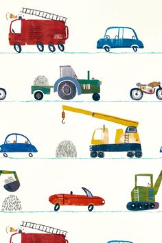 several different types of trucks and cars painted on white paper with blue, green, red, yellow, and orange colors