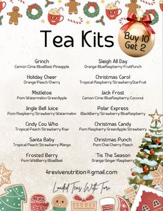 a flyer for tea kits with gingerbreads and christmas decorations