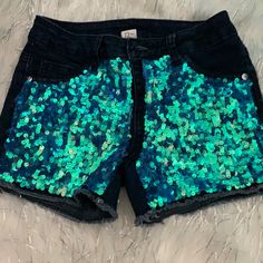 Nwot Justice Sequin Jean Shorts. Size 12 Slim. Sparkly Shorts, Sequin Jeans, Kids Bottoms, Game Room, Jean Shorts, Room Design, Sequin, Size 12, Turquoise