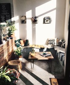 a living room filled with lots of furniture and plants on top of it's tables