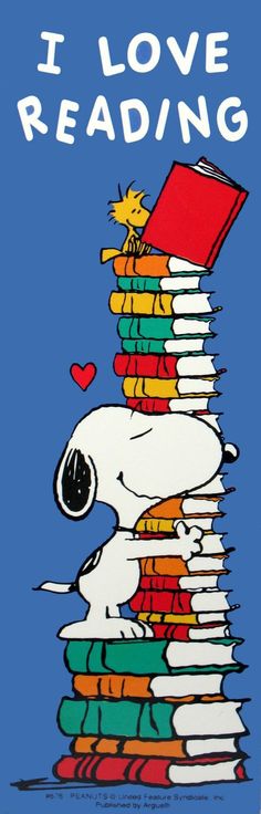 a stack of books with the words i love reading written on it, and a cartoon snoop