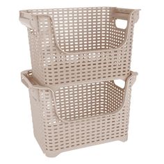 two plastic baskets stacked on top of each other, one is white and the other is beige