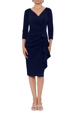 A ruched bodice and cascading side ruffle lend dramatic elements to a scene-stealing scuba sheath dress that will captivate your party guests. Hidden back-zip closure Surplice V-neck Three-quarter sleeves Lined 95% polyester, 5% spandex Dry clean Made in the USA Semi Formal Dresses For Wedding, Petite Cocktail Dresses, Draped Midi Dress, Draped Midi Dresses, Dress Drape, Semi Formal Dress, Scuba Fabric, Semi Formal Dresses, Blue Dress Casual