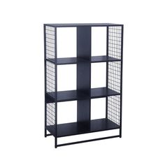 a black shelf with four shelves on each side