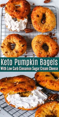 the keto pumpkin bagels with low carb cinnamon sugar cream cheese are ready to be eaten