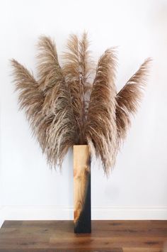 a tall plant in a wooden vase on top of a wood floor next to a white wall