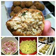 there are pictures of different food items in the kitchen, including meatballs and salads