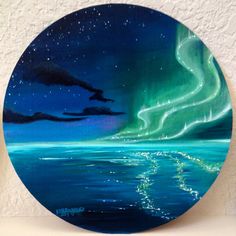 a painting of an aurora bore over the ocean