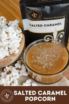 salted caramel popcorn in a bowl next to a bag of popped popcorn