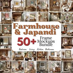 the book cover for farmhouse and japanese furniture, featuring pictures of various rooms in different styles