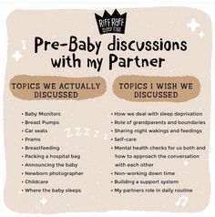 a baby announcement with the words pre - baby discussions with my partner on it