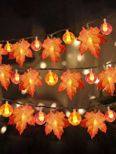 some lights that are hanging from a string with leaves on them and lit up in the dark