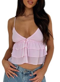 PRICES MAY VARY. ✿High-quality material: Ruffle cami tops for women,chiffon babydoll top,frill trim cami top,sheer babydoll tops for women,chiffon tops for women, are made of 100%polyester, a skin-friendly fabric, soft, comfortable to wear, breathable, and non-irritating. ✿Features:Spaghetti strap lace camisole,womens y2k sexy sheer lace frill top,summer spaghetti strap tank tops for women, solid color, frill shoulder strap, satin bowknot front, sleeveless, lace trim v-neck, ruffle trim detailin Tank Tops Summer, Backless Tank Top, Pink Head, Cropped Camisole, Women Y2k, Cropped Tops, Summer Tank Tops, Neck Crop Top, White Fox