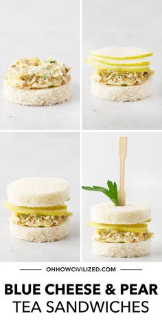 blue cheese and pea tea sandwiches with pickles on the side, in four different views