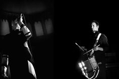 two black and white images of a man playing the drums in front of a woman