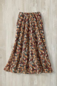 Rich fall florals captured in a lively print – fun and fresh with a sweater and boots. Full elastic waist. | Women's Autumn Soleil Skirt - Cider Multi - 3X - Plus Size Linen Ankle Pants, High Neck Tankini Top, Lightweight Skirt, Fall Florals, Knit Maxi Skirt, Casual Stripes, Fall Skirts, Plus Size Womens Clothing, Striped Linen