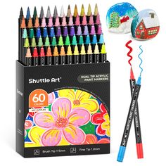 a box of 60 crayon pencils and a marker pen with the same color