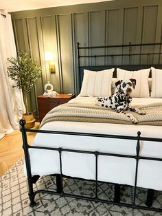 a dalmatian dog laying on top of a bed with white sheets and pillows