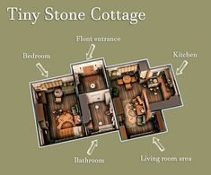 the tiny stone cottage floor plan is shown in three different rooms, including one living room and