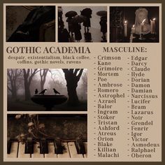 an advertisement for gothic academy with pictures of piano keys, candles and trees in the background