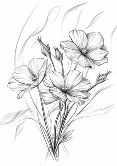 black and white drawing of three flowers