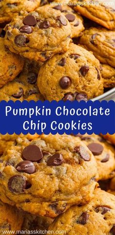 pumpkin chocolate chip cookies stacked on top of each other with text overlay that reads pumpkin chocolate chip cookies