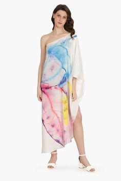 One-shouder dress Assymetric Hem Kimono Sleeve Butterfly print on the side Made in silk blend fabric Paint Splatter Dress, Fancy Brunch, Most Beautiful Butterfly, Shirred Dress, Rainbow Butterfly, Dresses Xxl, Purple And Yellow, White Party, Kimono Sleeve