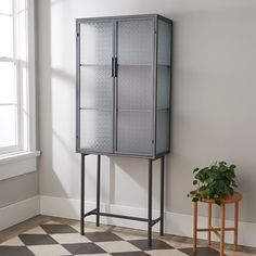 a tall metal and glass cabinet next to a potted plant on a checkered floor