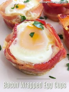 bacon and egg cups on a white plate