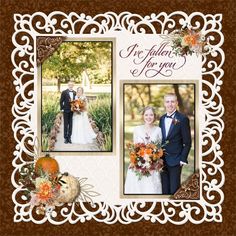 a wedding photo frame with two pictures and flowers on the front, and an orange bouquet in the back