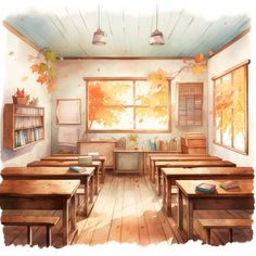 an illustration of a classroom with desks and books