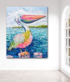 a painting of a pelican standing on the edge of a body of water