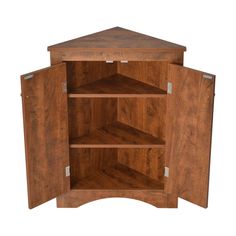 the corner cabinet is made from wood and has two shelves on one side, with an open door at the top