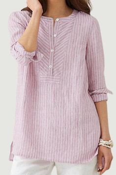 Striped Blouses, Blouses Long Sleeve, Spring Blouses, Traje Casual, Shirts Summer, Loose Outfit, Long Blouse, Casual Blouse, Striped Blouse