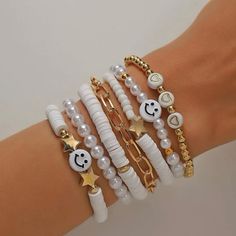 Super Cute Bracelet Set. Brand New Cute Bracelets With Words, Sweet 16 Bracelets, Cute Bracelets To Make For Your Boyfriend, Elegant Clay Bead Bracelets, Jewelry Group Boards, White And Gold Clay Bead Bracelet, Clay Bead Bracelet Stack Ideas, Clay Bracelet Sets, Price Board Ideas