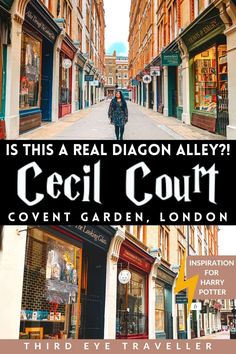 a person walking down a street with buildings in the background and text that reads is this a real dragon alley? cecil court covent, london