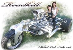 two women are sitting on a motorcycle with the words roadkill written in front of them