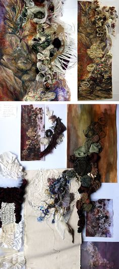 several pictures of different types of fabric and paper on the wall, including an abstract painting