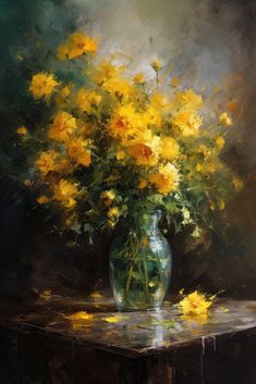 an oil painting of yellow flowers in a vase on a table with a dark background